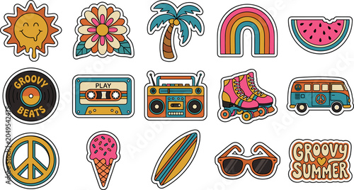 Groovy Summer Retro Sticker Vector Set Featuring Seventies Style Sun Flower Palm Tree Rainbow Vinyl Record Cassette Boombox Roller Skates and Peace Van