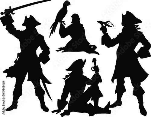 Pirate captain and crew black silhouette set featuring buccaneers in traditional outfits with swords tricorn hats and a parrot isolated on white background