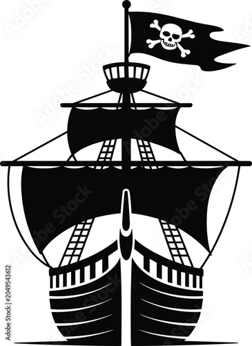 Pirate ship front view black silhouette featuring a wooden sailing vessel with full sails and a skull and crossbones Jolly Roger flag flying from the 