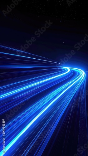 Streaks of blue light create a sense of speed and movement against a dark sky.
