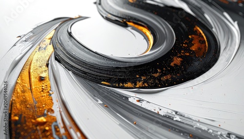 Abstract swirling paint strokes in black, white, and gold.