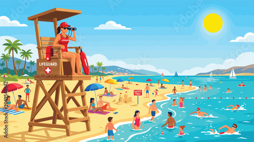 Cuadro en lienzo Lifeguard on beach watching people swim.