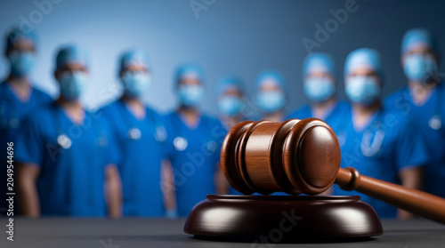 Gavel positioned in front of out of focus group of surgeons in operating room scrubs representing medical ethics legal accountability and courtroom challenges for hospital staff.