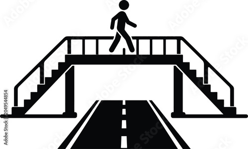 Pedestrian Overpass Bridge Icon, Safe Road Crossing Infrastructure Symbol