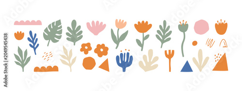 Set of abstract modern floral elements with hand-drawn botanical shapes and doodles.