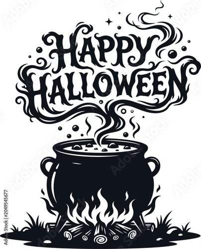 Tableau sur toile Black happy halloween cauldron on fire