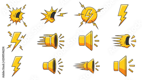 Foto Electric storm icons with speakers and lightning bolts are displayed