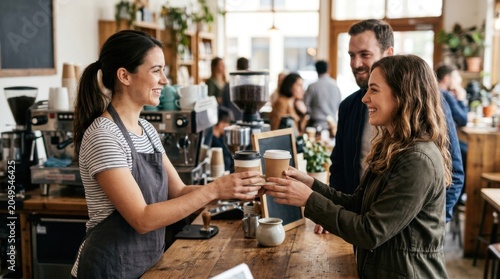Smiling barista serving coffee to happy customers in a cozy café