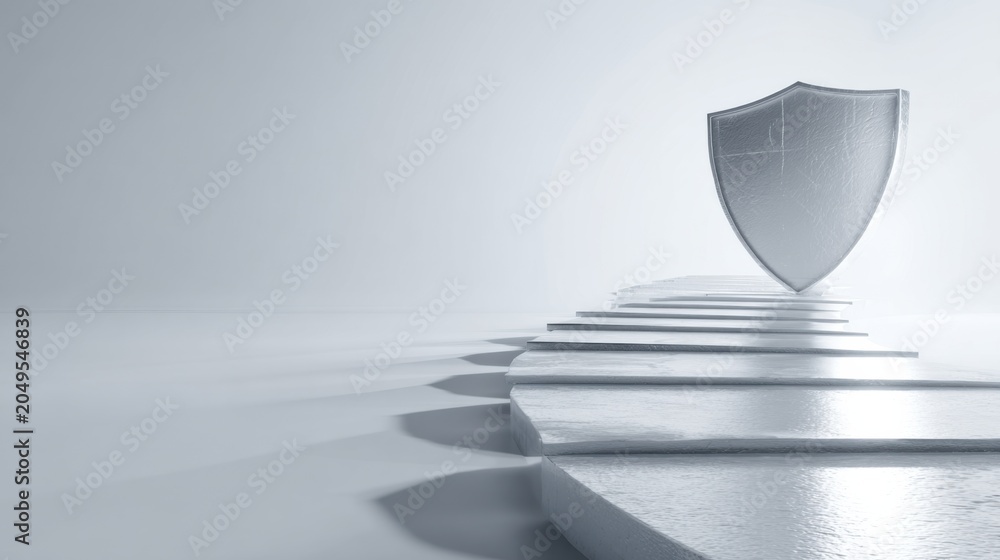 Obraz premium A metallic shield resting on a series of illuminated steps, representing security and protection