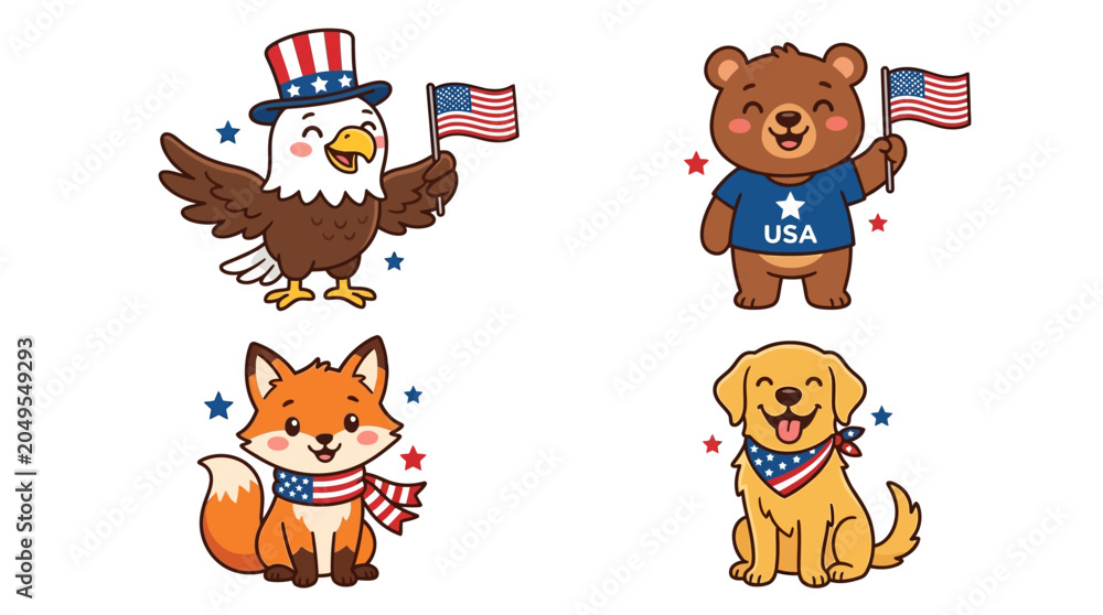 Fototapeta premium Patriotic animals celebrate Independence Day with flags and accessories.