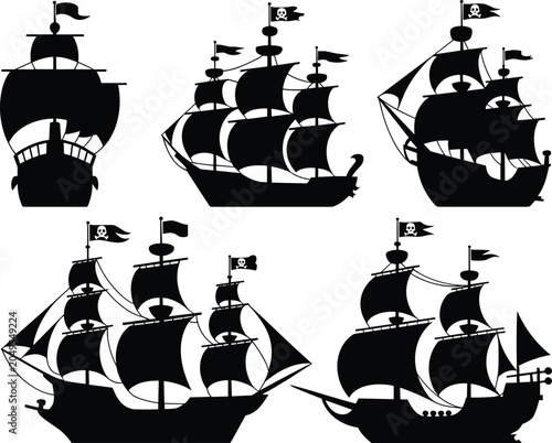 Quadro em tela Sailing ships and pirate galleons black silhouette collection featuring ancient