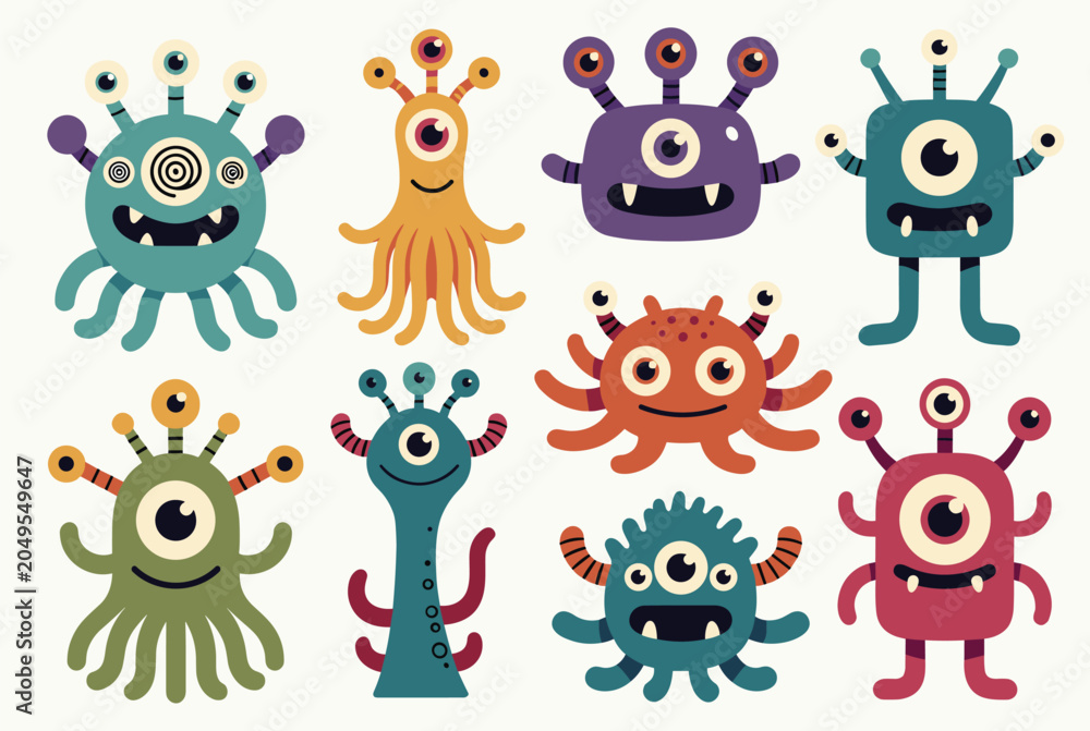 Obraz premium Group of ten unique and colorful cartoon monsters with different numbers of eyes and tentacles in a playful collection.
