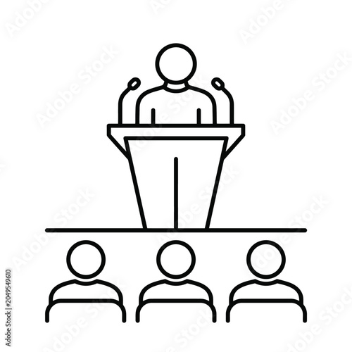 Speaker standing at a podium giving a presentation to an audience line icon.