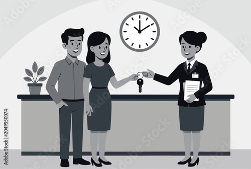 Professional hotel receptionist handing over room keys to a young couple at the check-in desk in a hospitable environment.