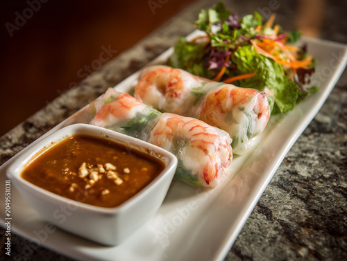Fresh shrimp spring rolls with peanut dipping sauce