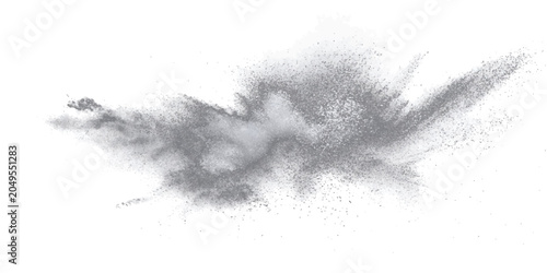 Explosive cloud metallic powder explodes isolated white background, representing dynamic energy, particulate matter, and raw elemental power.