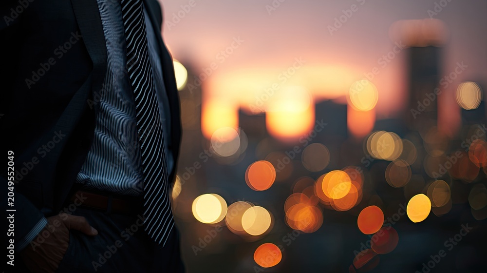 Fototapeta premium Businessman in suit standing with hand in pocket, city skyline sunset bokeh background