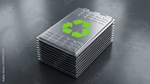 Stack of metallic rectangular battery cells with a green recycling symbol prominently displayed on the top cell energy storage technology electric power sustainable eco reuse
