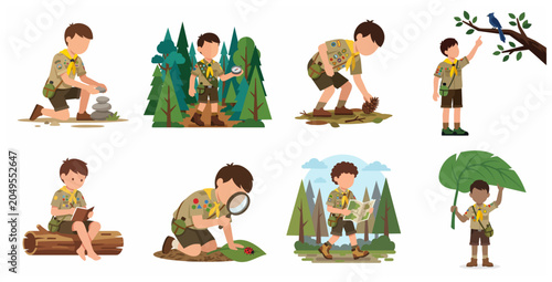 Foto Set of Cute Scout Boys Illustrations Engaged in Outdoor Activities, Camping, and