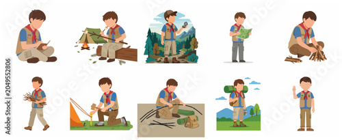 Valokuva Collection of boy scout character illustrations performing various outdoor activities, camping, hiking, roasting marshmallows, and survival skills in a flat vector style