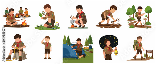Canvastavla Set of boy scout characters engaged in various outdoor camping and hiking activities