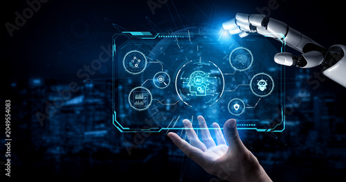 Fotografie Smart AI command center concept for monitoring industry system, manufacturing reliability, services, cloud operations, AI security and uptime performance across a AI digital logs ecosystem