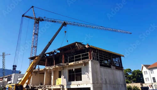 Towering construction crane carefully lifts a new steel beam into place above a partially demolished building.
