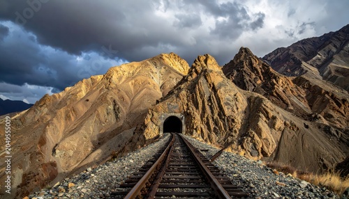 Twisted and mangled railroad tracks lead into a dark, collapsed tunnel in rugged mountains under a stormy sky.
