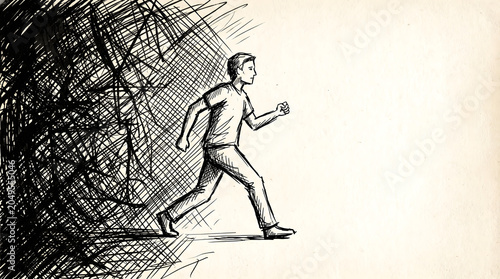 A man walks away from a dark chaotic scribbled area into a lighter space