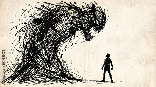 A small silhouette of a person standing before a large looming shadow monster sketch