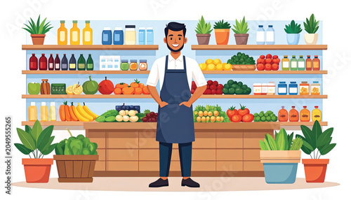 Man wearing blue apron standing inside.