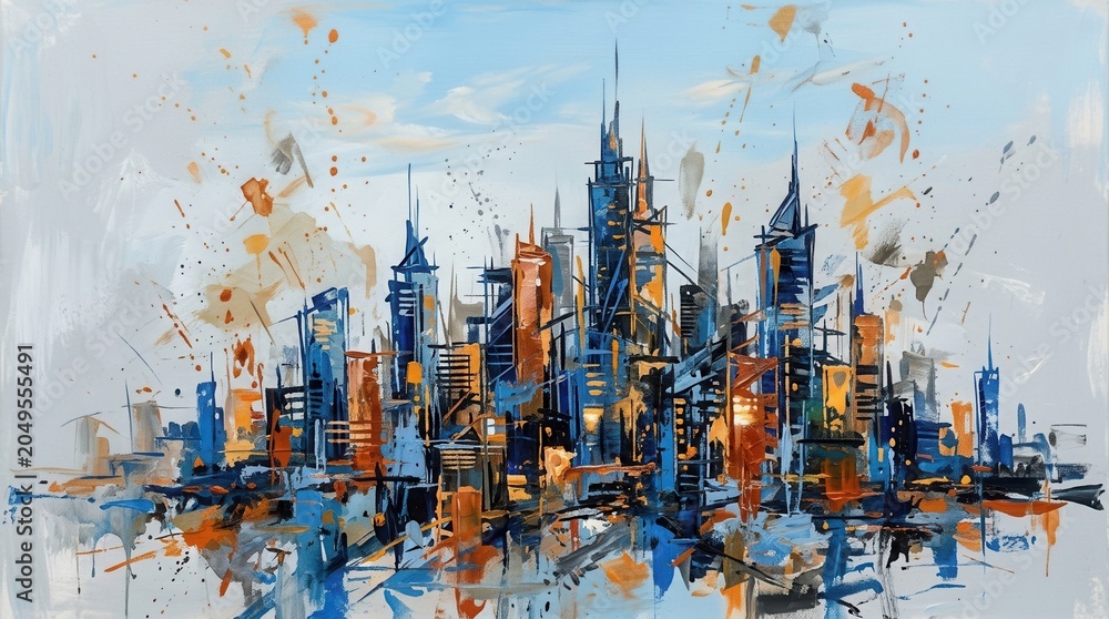 Obraz premium Abstract painting cityscape background predominantly blue orange majority Spectacular watercolor