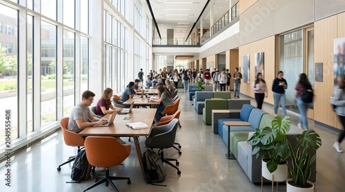 Modern University Campus Hallway Students Studying
