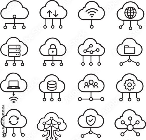 Cloud Network Logo Vector Set Data Connectivity, Cloud Computing and Digital Technology Icons