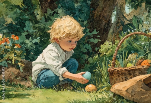 Young boy with curly blonde hair crouches in a garden picking up a blue egg, surrounded by colorful flowers and a wicker basket filled with eggs and fruits