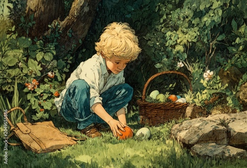 Young boy with blonde hair crouches in green grass picking up a colorful egg near a wicker basket filled with more eggs and surrounded by lush foliage
