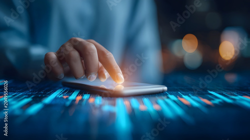 Close-up of hand touching glowing smartphone screen with blue and red data visualization