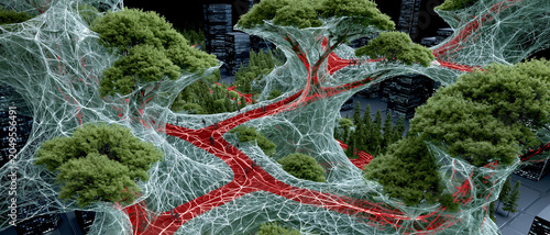 A monumental bio-architectural environment where colossal interconnected structures rise through an urban landscape, resembling a fusion of ancient trees, neural networks, and advanced infrastructure.