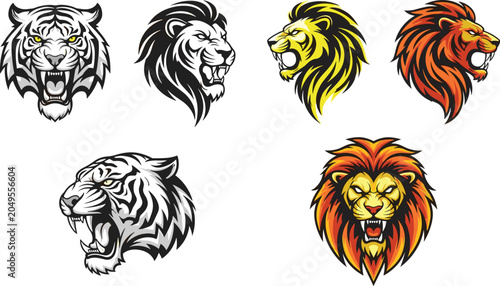 Photography Roaring Lion and Tiger Mascot Head Vector Collection for Sports and Branding