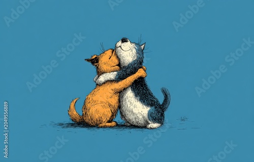 Illustration of a cat and dog embracing each other against a solid blue background, showcasing friendship and companionship between the two animals