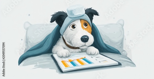 Cartoon illustration of a sick dog wearing a blue blanket and hat, lying on a bed while looking at a tablet displaying colorful graphs and charts
