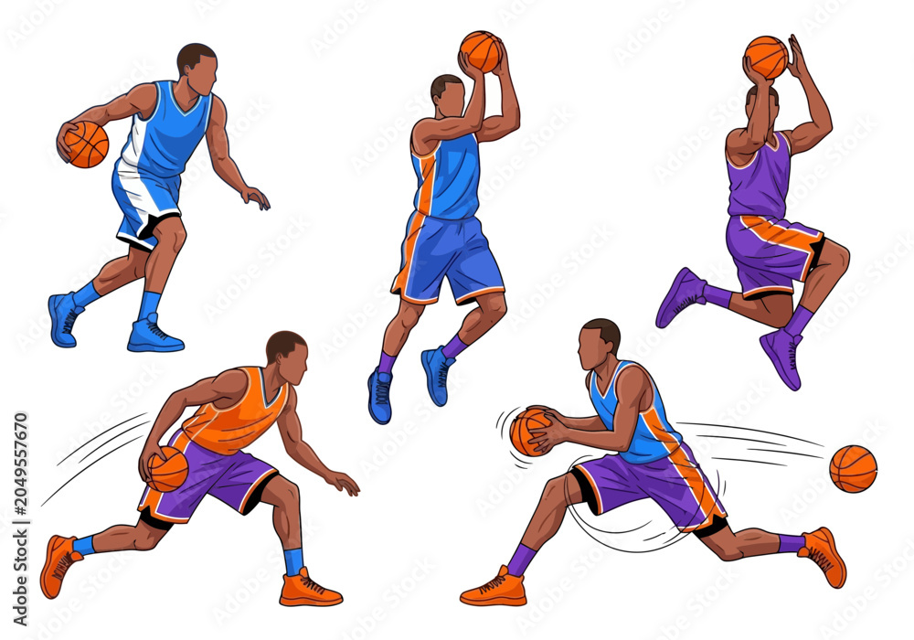 Fototapeta premium Dynamic basketball players in various action poses showing shooting, dribbling and jumping isolated on a white background