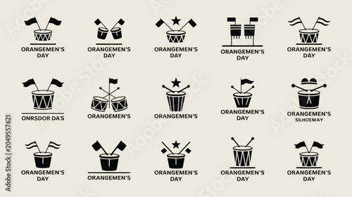 Schilderij op canvas Orangemen's day icons featuring traditional lambeg drums and flags for festival celebration