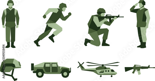Fotografia Military Equipment and Soldier Icon Collection with Tactical Troops, Combat Vehi