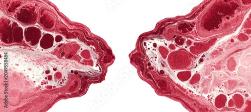 Abstract red and white marbled texture with organic shapes and bubbles, creating a visually striking pattern suitable for backgrounds or artistic designs