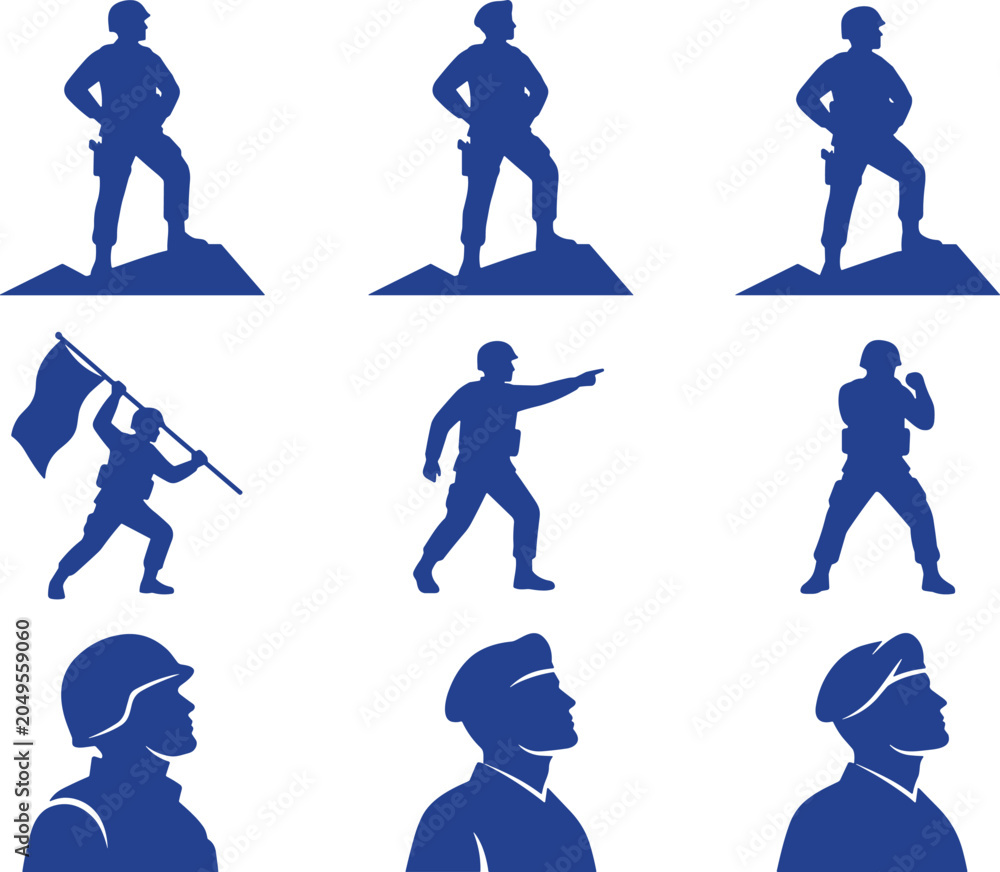 Fototapeta premium Military Soldier Silhouette Collection with Standing Guard, Flag Bearer, Saluting Troops, Combat Personnel, and Armed Forces Icons