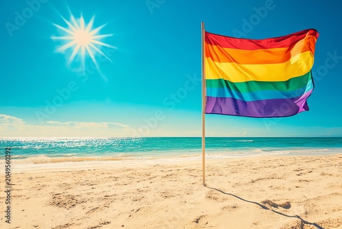 Vibrant rainbow flag on a sunny beach.
