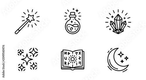 Fotografi Magic icon set, outline style, white background