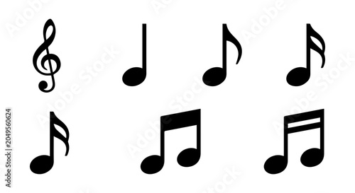 Music note icon set, solid black, white background, vector illustration