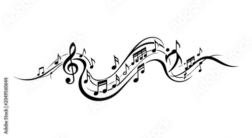 Music notes icon, wavy outline, white background, vector illustration